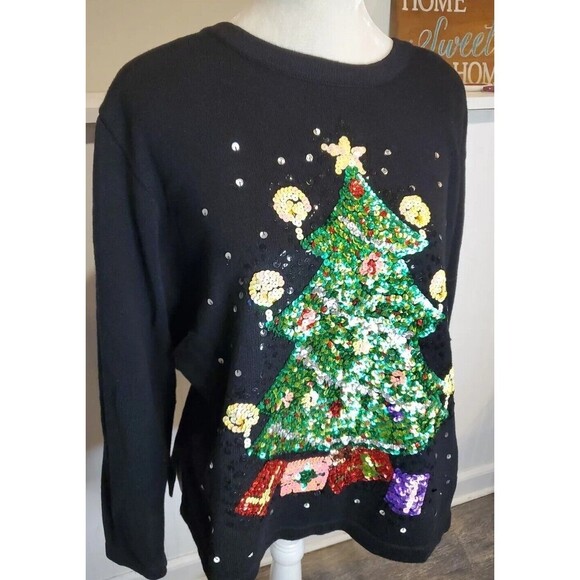 Quacker Factory Womens Black Knit Top Sequin Christmas Tree Large - Picture 4 of 7